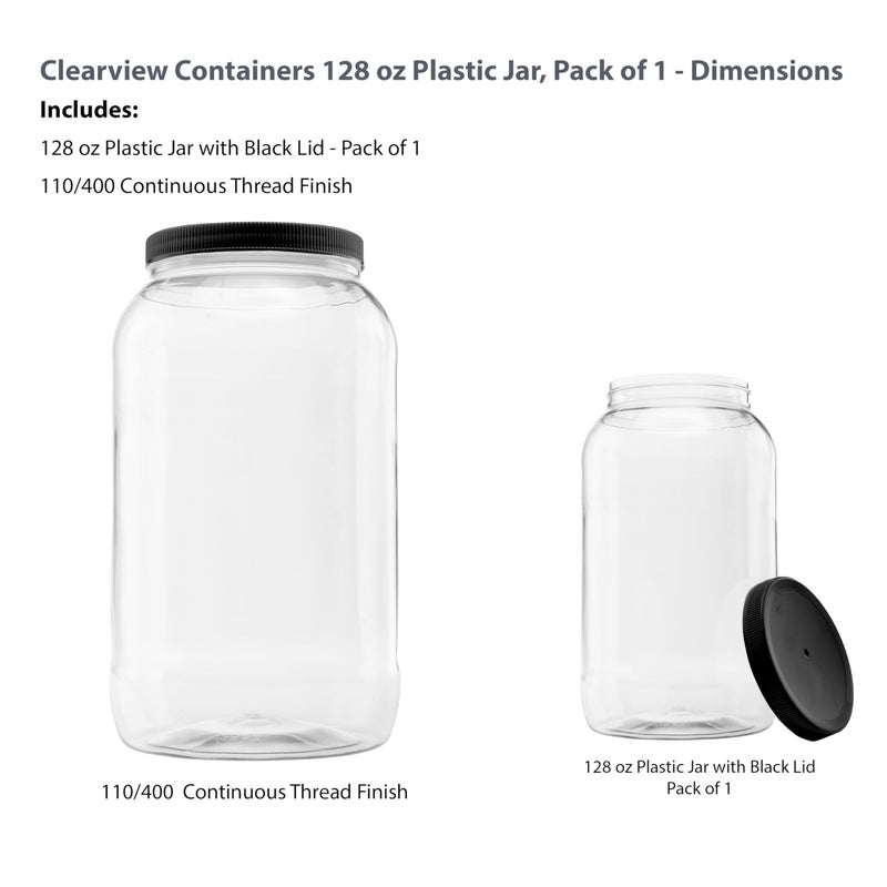 CLEARVIEW CONTAINERS - 128 Ounce Plastic Gallon Jar with 110/400 Black Leak Proof Seal Lid - Food Grade and BPA Free (128oz, 1pk, BLK) - Image 2